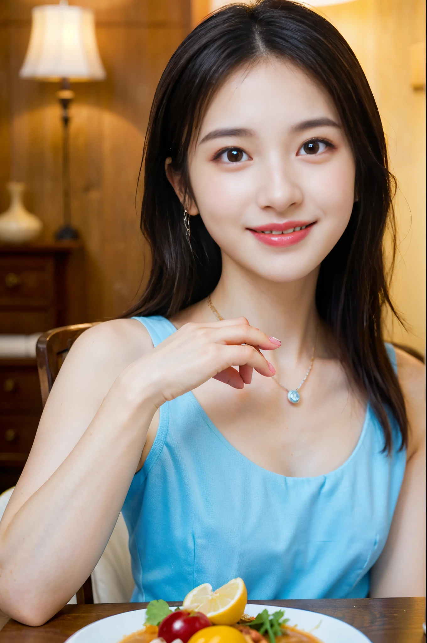 (8K、Live shooting、photorealistic:1.25)、1 girl、14 year old woman with a beautiful face、Open your mouth and laugh、profile、eat stew at the table、spoon、diamond necklace、one piece dress、fine eyes、lip gloss、long eyelashes beautiful look、shiny bare skin、highest quality、Super high resolution、