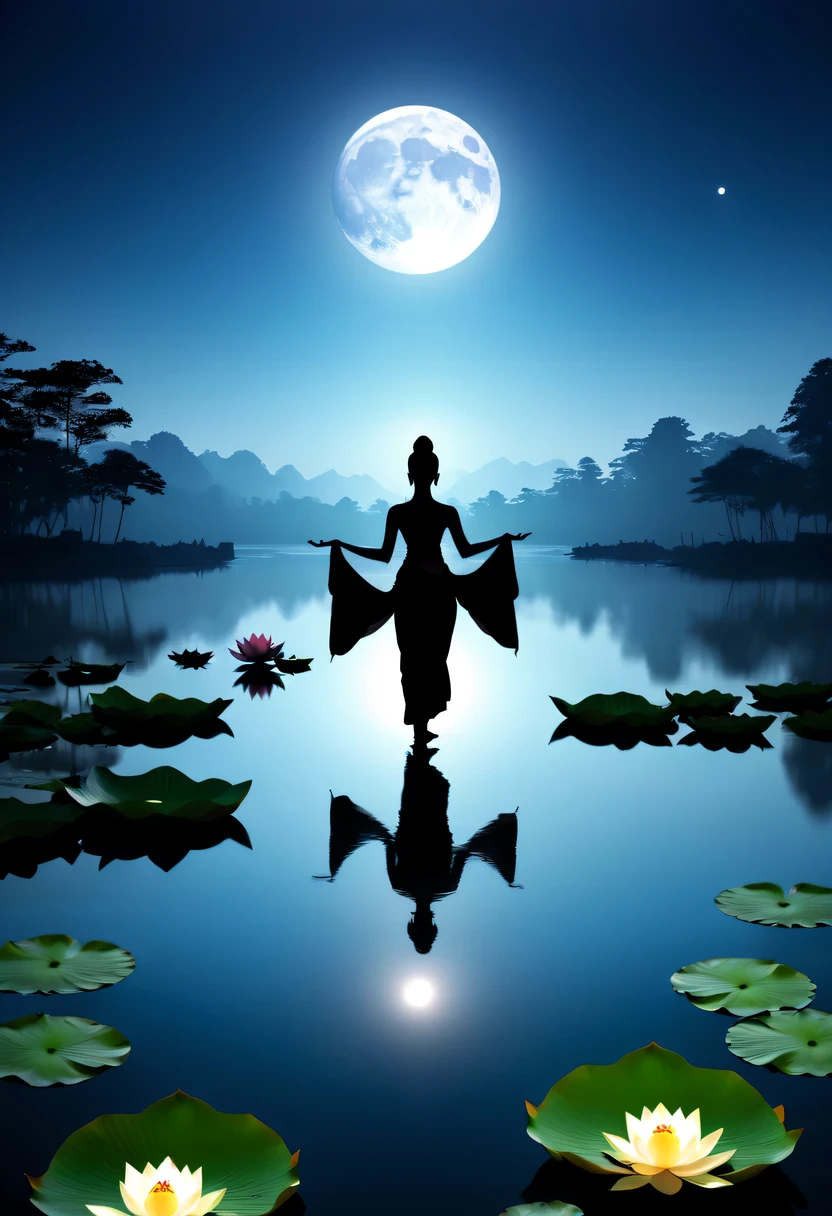 (yoga silhouette:1.5),on the lake,high contrast, movie lighting, Enigmatic Atmosphere,,lotus flower,Lotus leaf,a moon