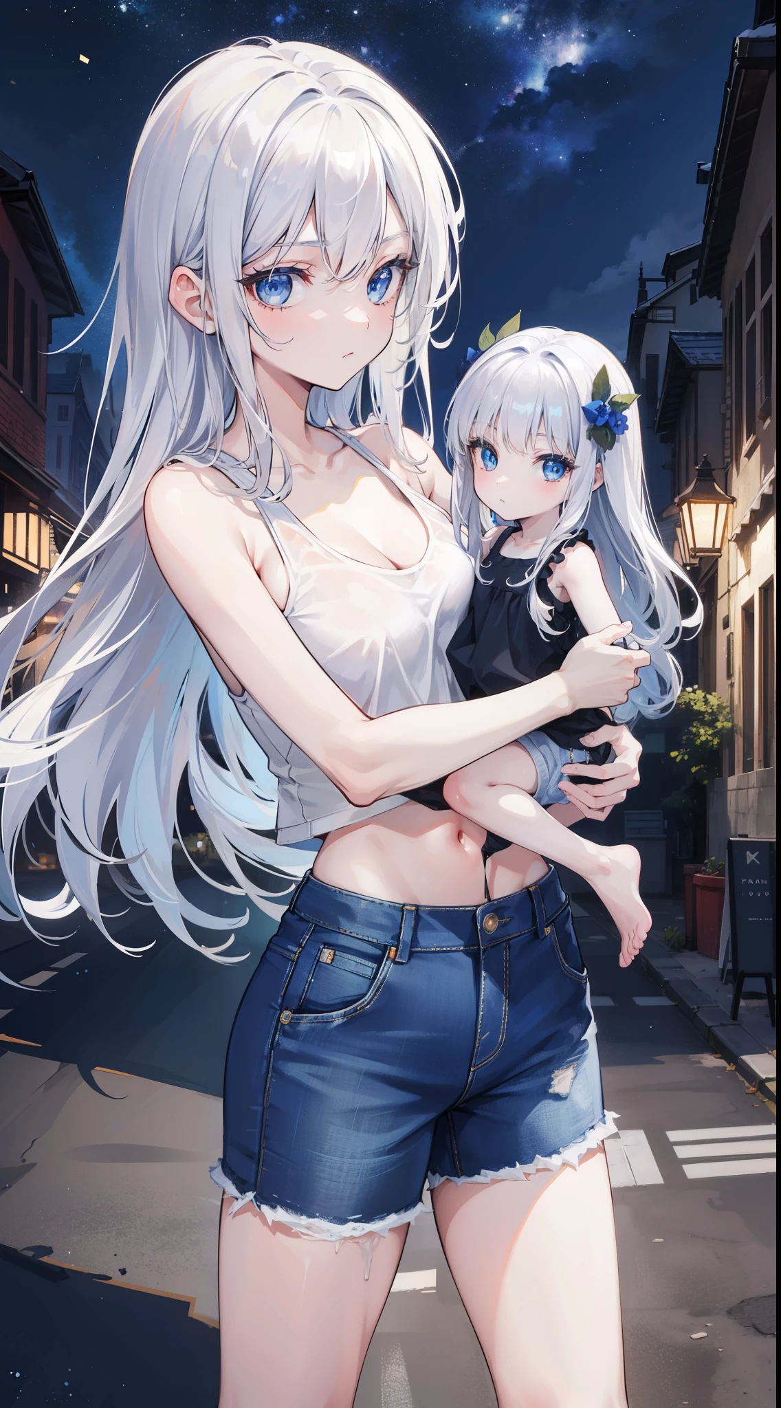 32k, best quality, ultra-detailed, high resolution, perfect anatomy, head on, beautiful town background, night, cute childl, beautiful blue eyes, ideal ratio body proportions, Tank top, jeans shorts, silver hair, long hair,