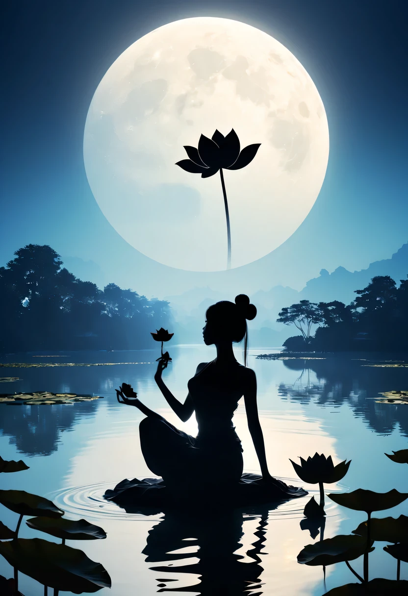 (yoga silhouette:1.5),on the lake,high contrast, movie lighting, Enigmatic Atmosphere,,lotus flower,Lotus leaf,a moon