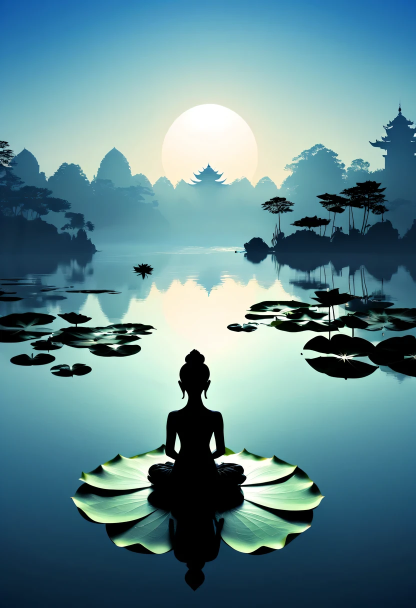 (yoga silhouette:1.5),on the lake,high contrast, movie lighting, Enigmatic Atmosphere,,lotus flower,Lotus leaf