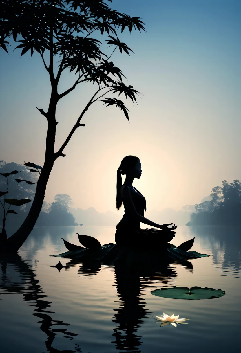 (yoga silhouette:1.5),on  the lake，high contrast, movie lighting, Enigmatic Atmosphere,，lotus flower，Lotus leaf