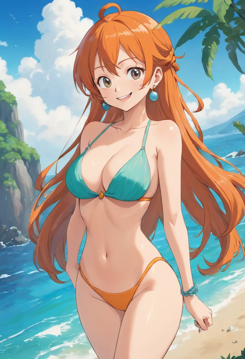 Nami in a dress in a tight bikini has a good figure、Thighs and large breasts、Chest overflows from above、She is smiling kindly while blushing a little on her cheeks.、Has a high-quality anime style (Namiseyes ROM One Piece)