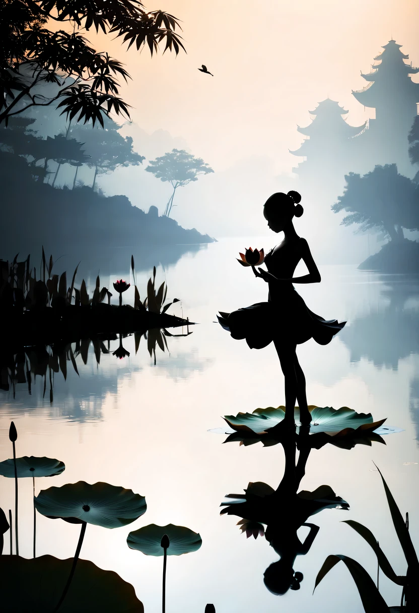 (ballet silhouette:1.5),on the lake,high contrast, movie lighting, Enigmatic Atmosphere,,lotus flower,Lotus leaf
