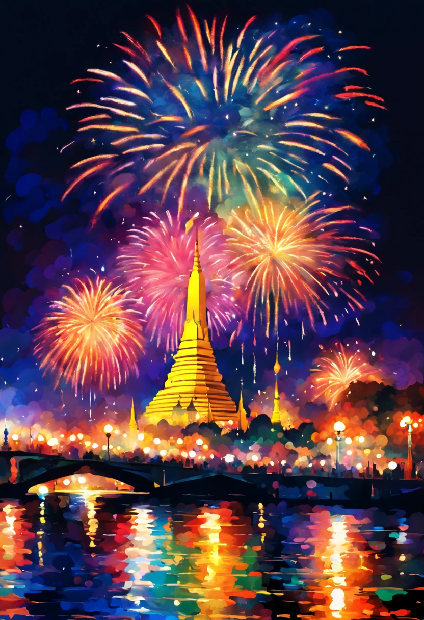 midnight fireworks over (Bangkok river), lively street celebrations, traditional garments, (vibrant colors:1.5, high detail:1.5), (impressionist art style:1.2).