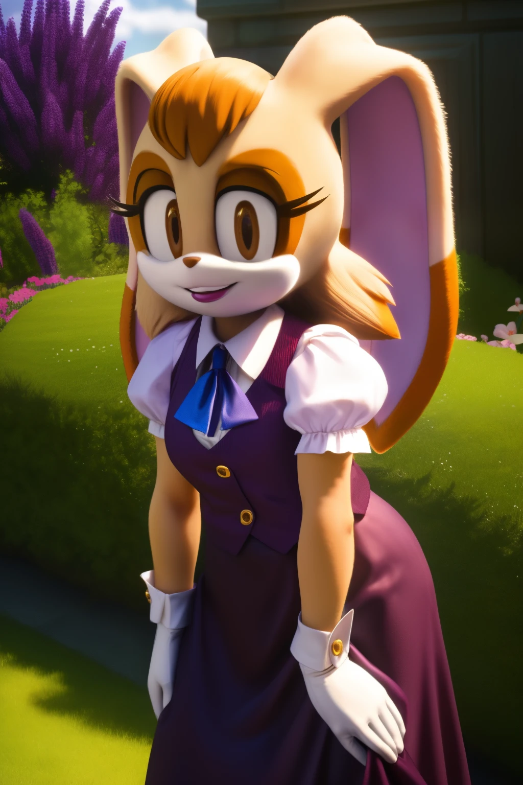 1girls,((Vanilla the rabbit:1.1)),wears a long lavender dress with a white trim at the bottom of the puffy sleeves and the skirt, ((burgundy-fitted vest:1.2)), short sleeves,a blue ascot, white gloves with gold cufflinks, brown_hair,dipstick_ear, female,cleavage, female_solo, outdoors, garden,smile,realistic,hyper realistic,day, lipstick, looking at viewer