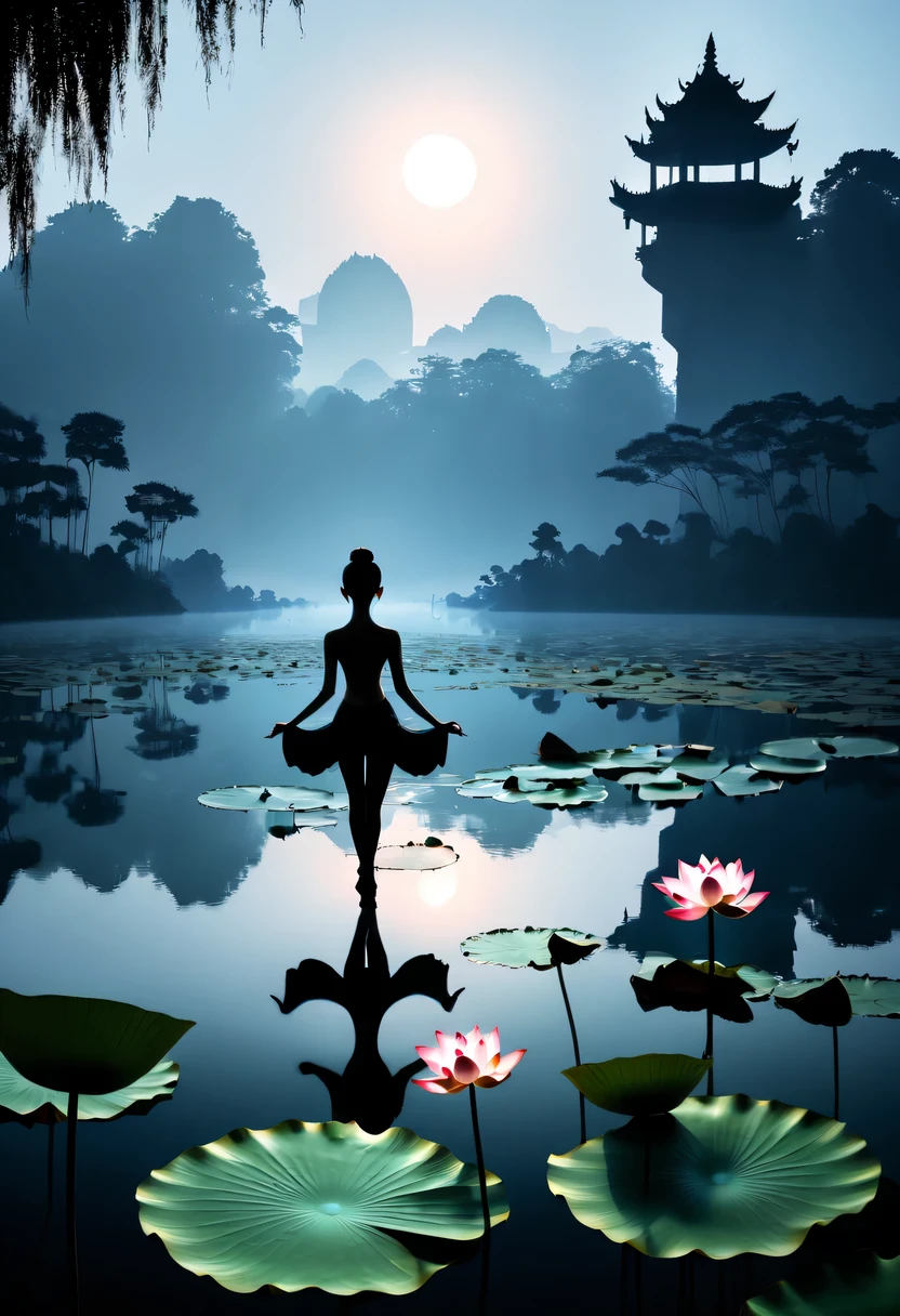 ballet silhouette,on  the lake，high contrast, movie lighting, Enigmatic Atmosphere,，lotus flower，Lotus leaf