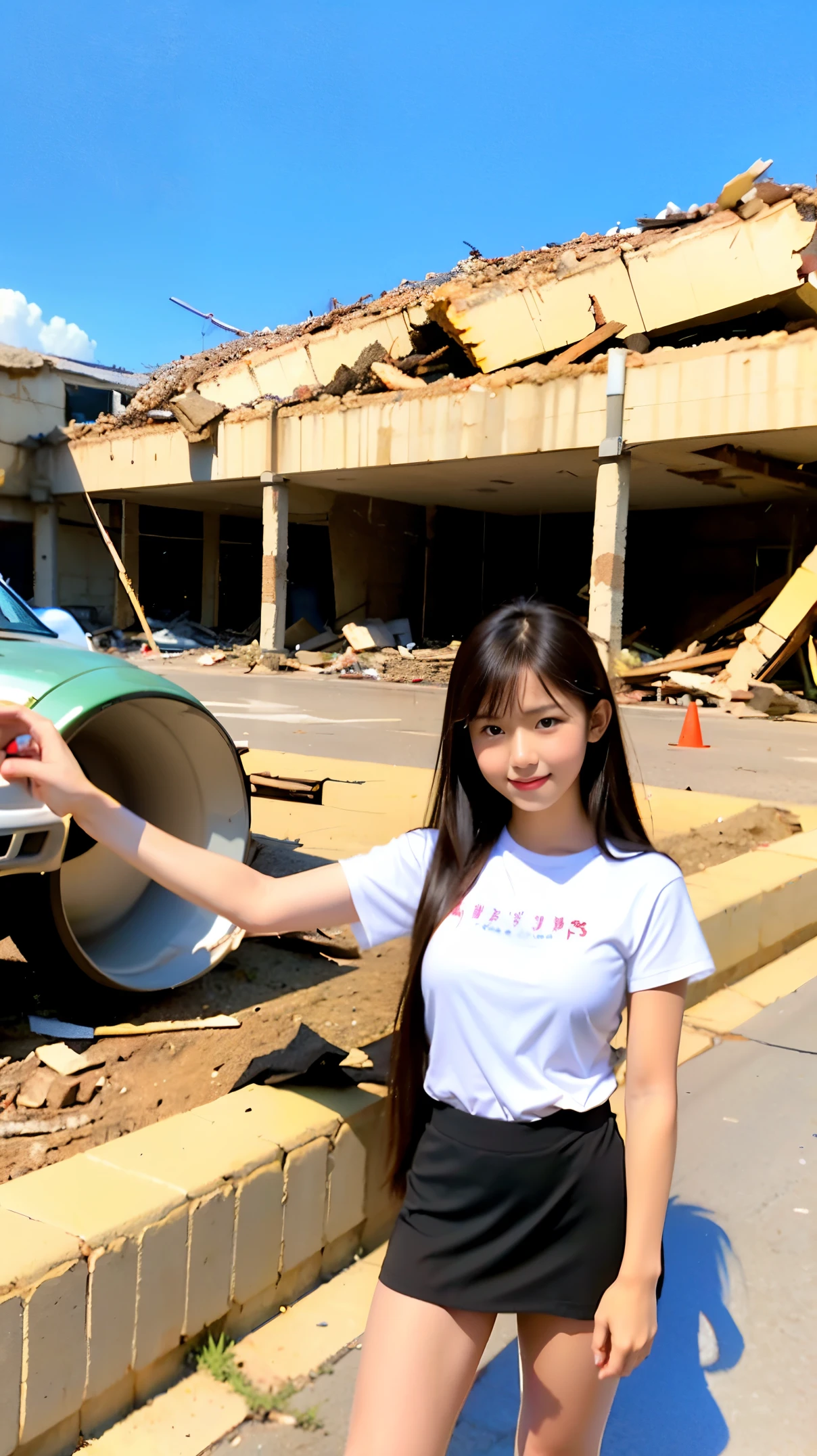 original photo of a female student wearing a small skirt and t-shirt, and Its hand, sitting on the rubble while snipe the far away enemy on build, under the corner of the plan and tank with Indonesian symbol in it body, and clear aura, with the background destroy building and change it  fire form in the crowd soldier, top view looking far away 4K original quality photo eyes looking at the camera