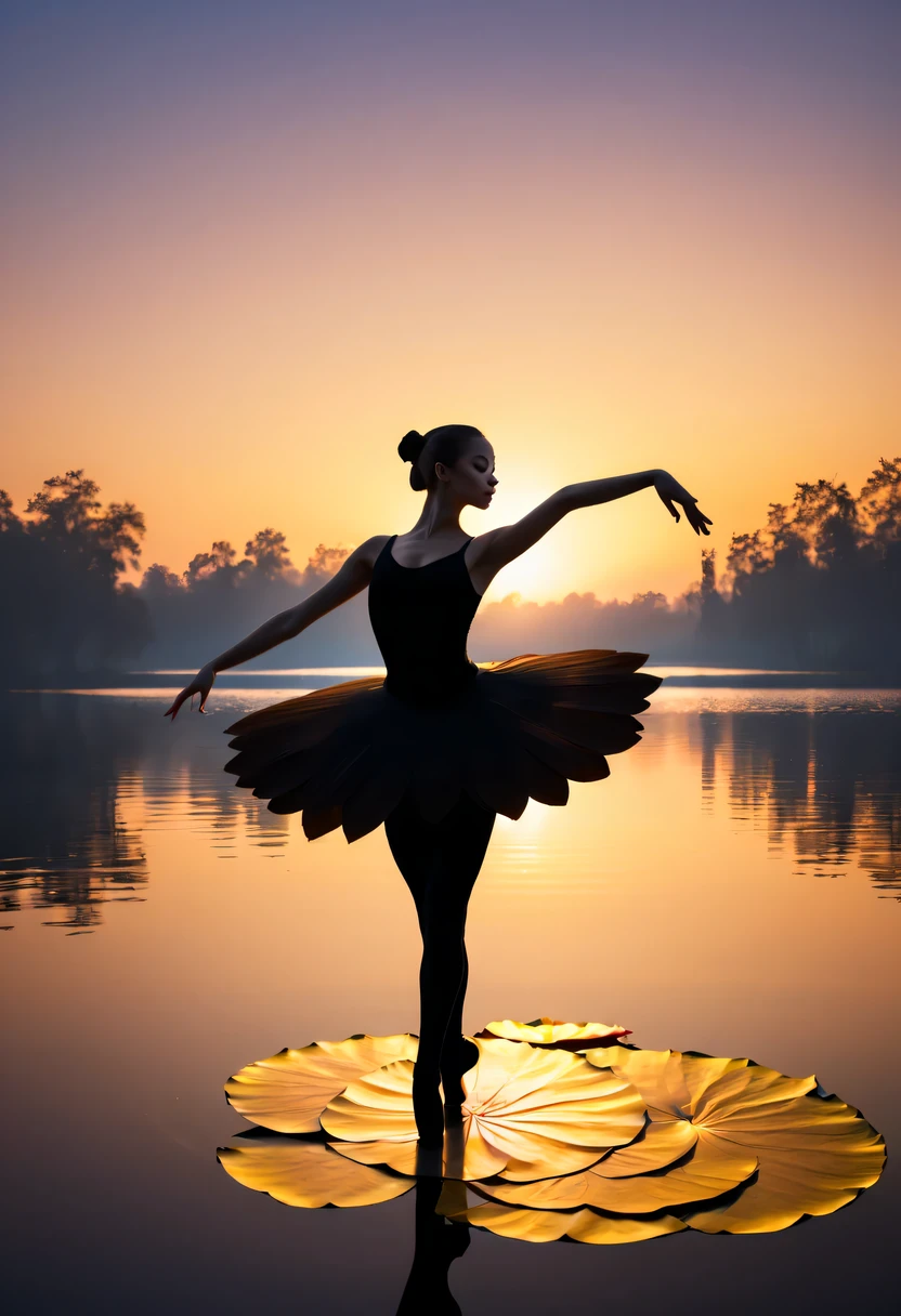 "(best quality,high resolution:1.2),Silhouette of a girl,Contrast with bright background,ballet silhouette,high contrast,Silhouette ballerina on lake,lotus flower,Dusk backlight, golden sunset"