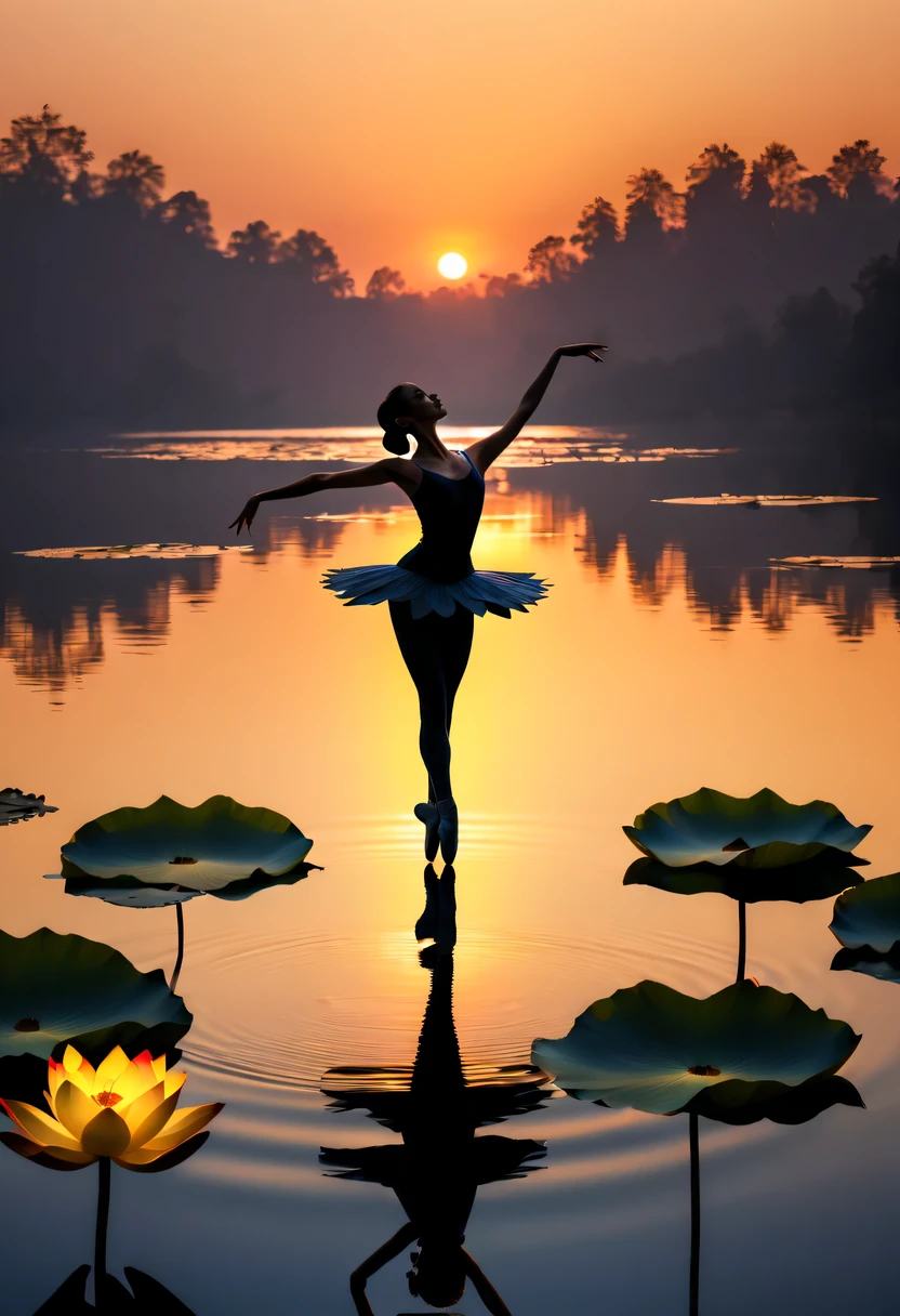 "(best quality,high resolution:1.2),Silhouette of a girl,Contrast with bright background,ballet silhouette,high contrast,Silhouette ballerina on lake,lotus flower,Dusk backlight, golden sunset"