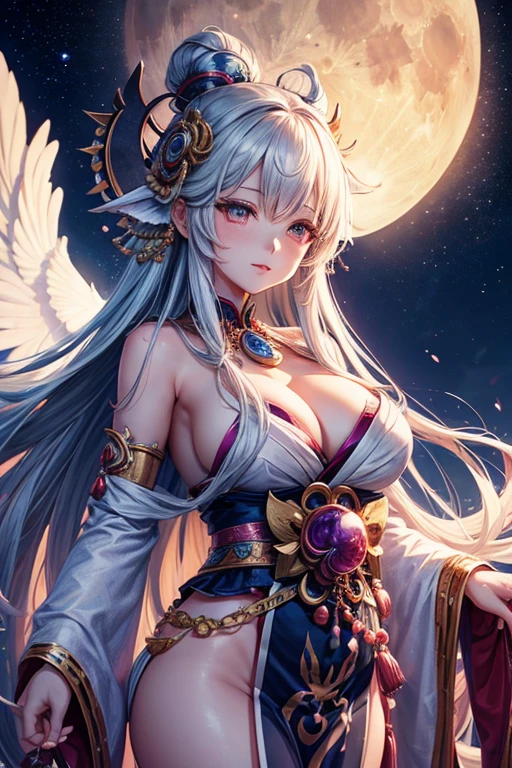 cute Tsukuyomi goddess, wonderfull, realistic moon background, with alot of details, perfect goddess, 4k realistic, lovely