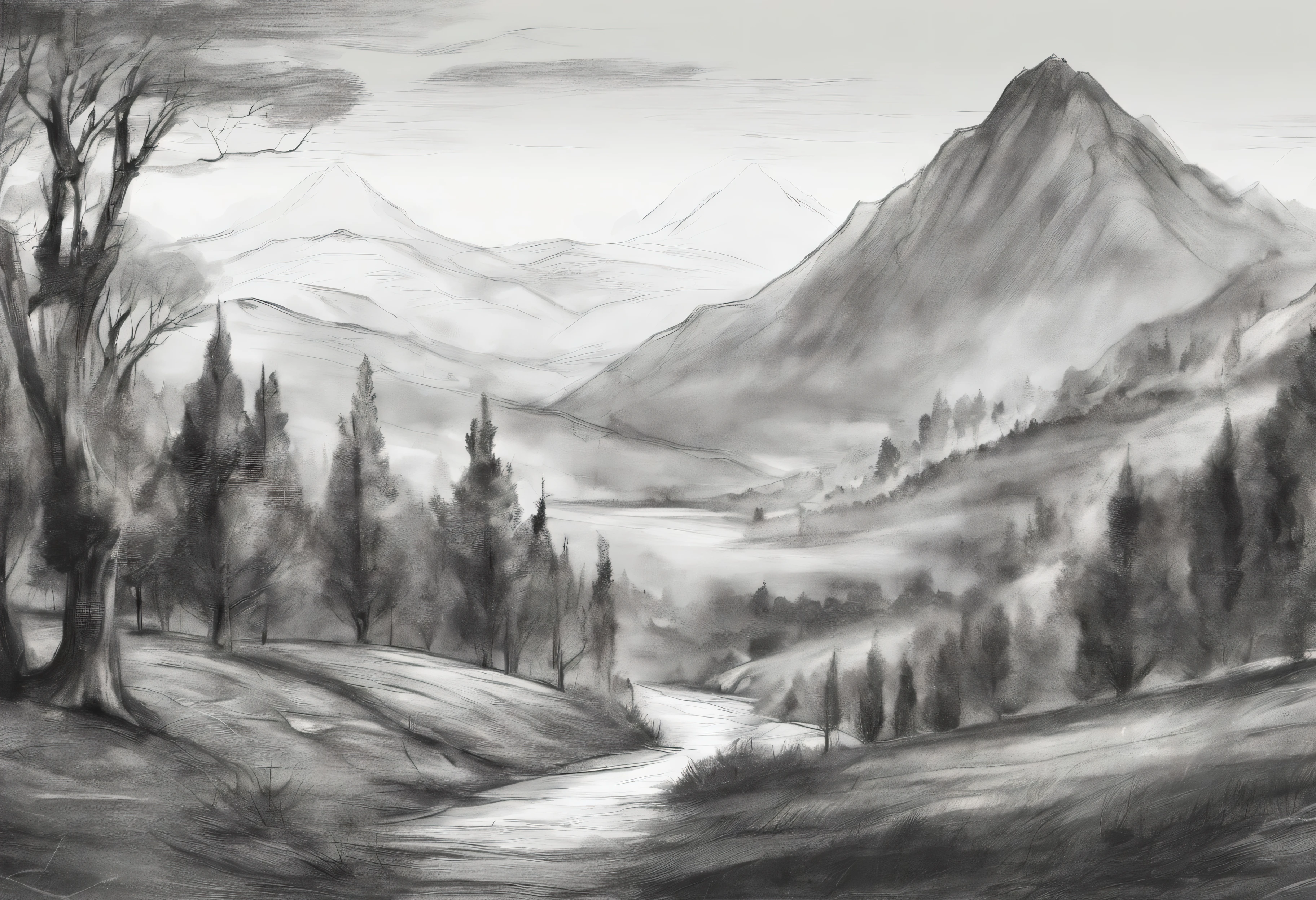 charcoal drawing, landscape with hills and deciduous forests