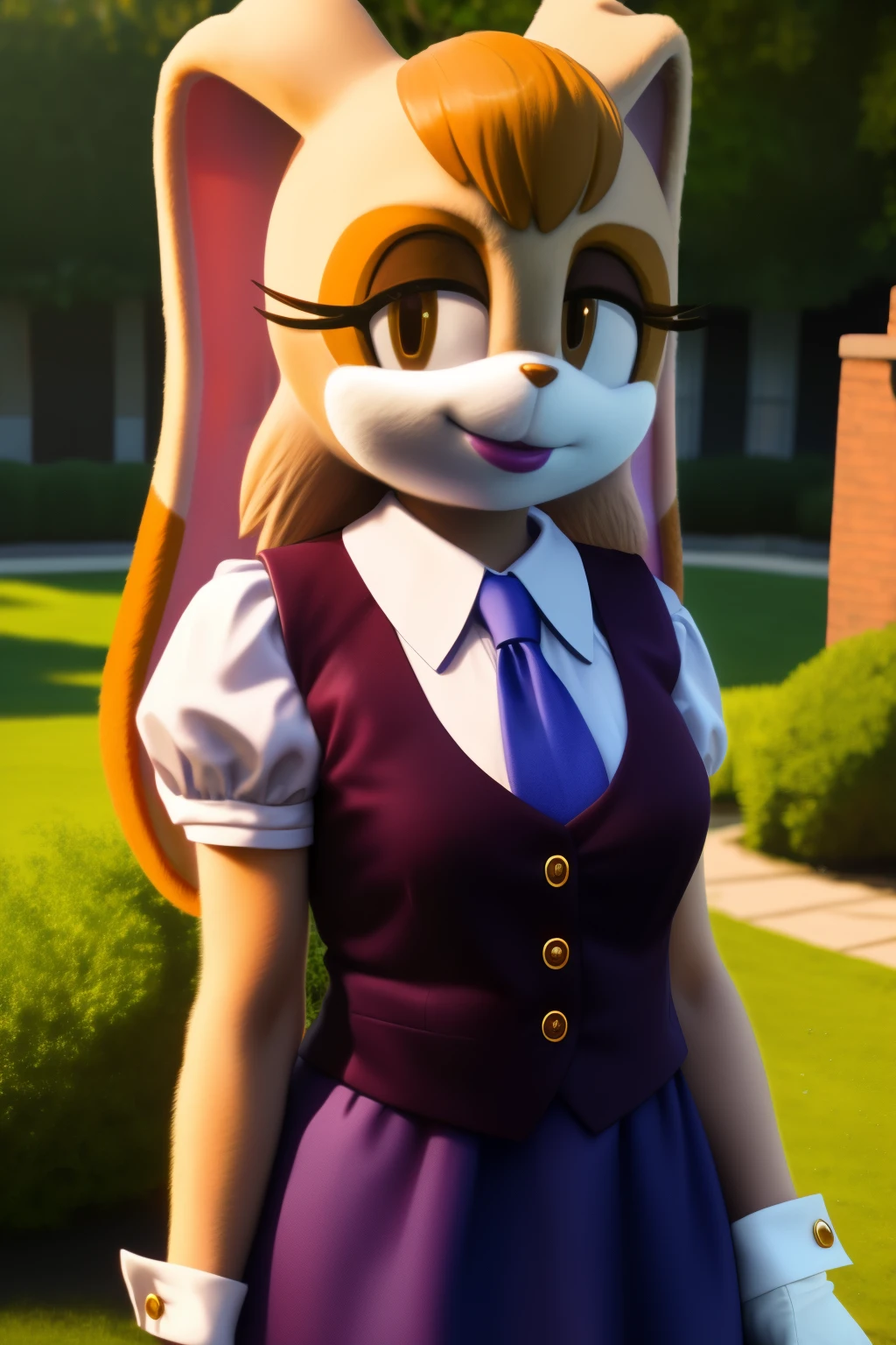 1girls,((Vanilla the rabbit:1.1)),wears a long lavender dress with a white trim at the bottom of the puffy sleeves and the skirt, ((burgundy-fitted vest:1.2)), short sleeves,a blue ascot, white gloves with gold cufflinks, brown_hair,dipstick_ear, female,cleavage, female_solo, outdoors, garden,smile,realistic,hyper realistic,day, lipstick, looking at viewer