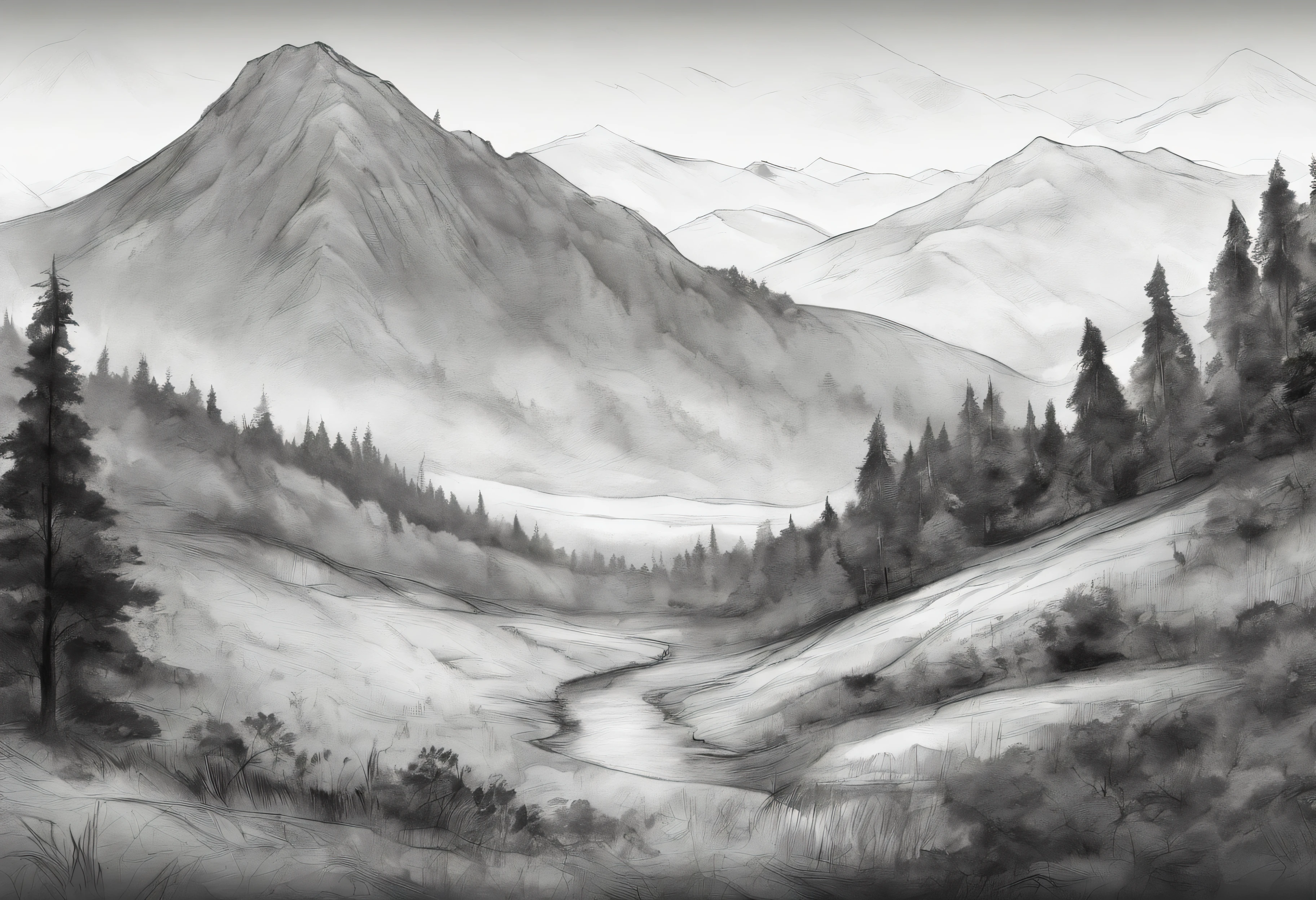 charcoal drawing, landscape with hills and deciduous forests