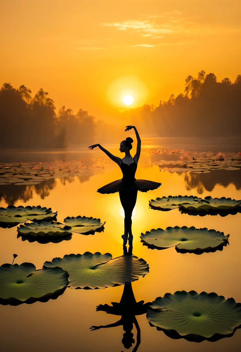 Girl shows black silhouette,Contrast with bright background,ballet silhouette,high contrast,Silhouette ballerina on lake,lotus flower, lily pad,Backlit shooting,golden sunset