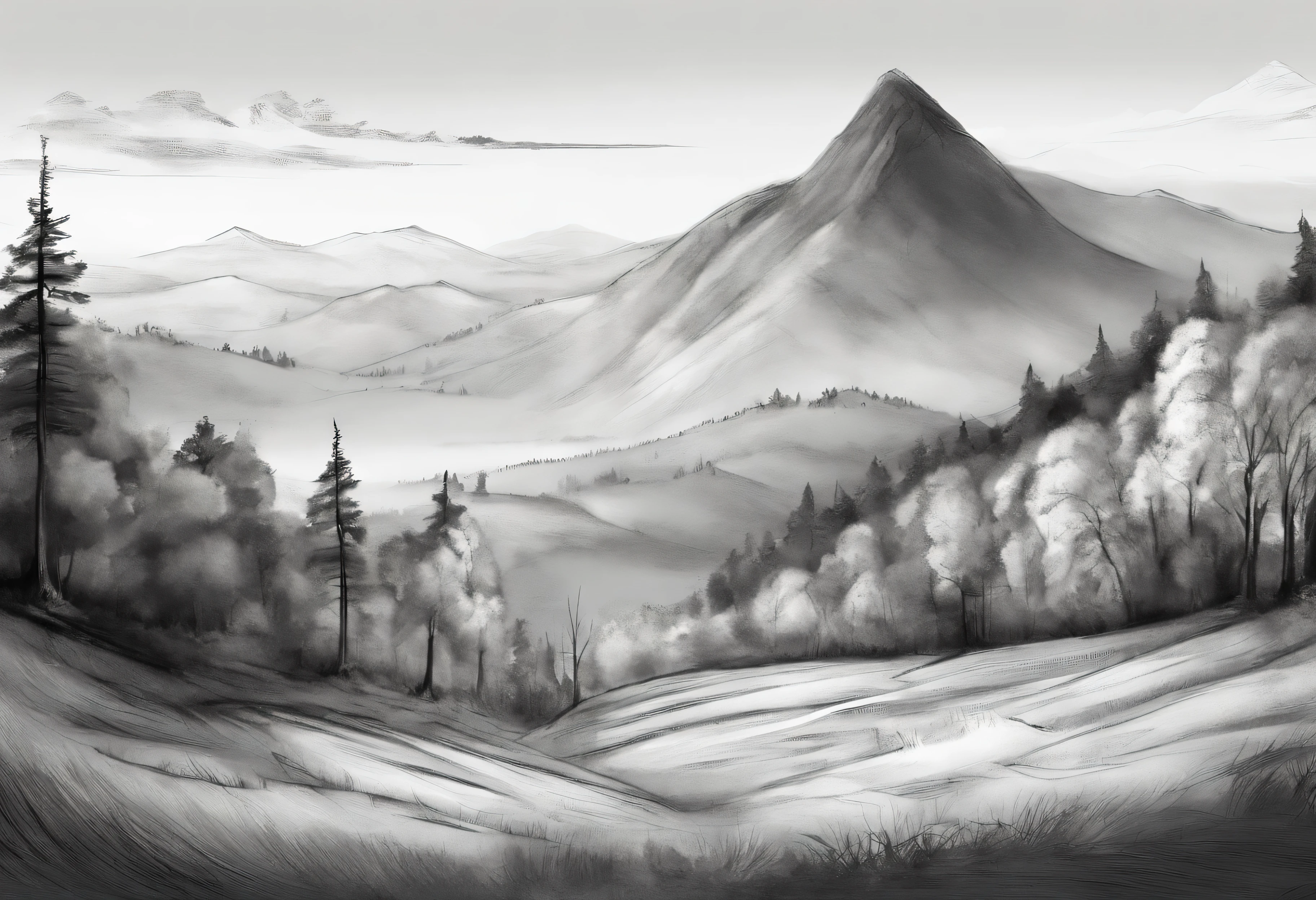 charcoal drawing, landscape with hills and deciduous forests