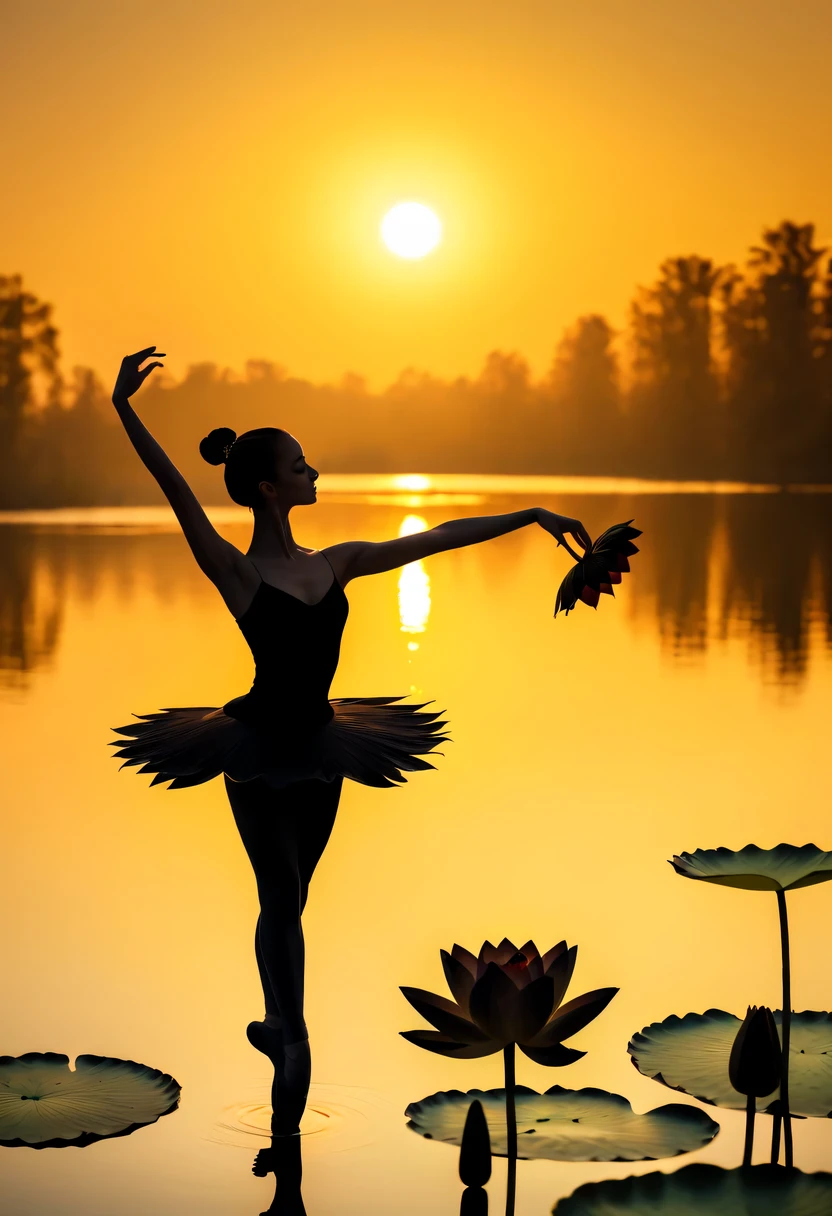 Girl shows black silhouette,Contrast with bright background,ballet silhouette,high contrast,Silhouette ballerina on lake,lotus flower, lily pad,Backlit shooting,golden sunset