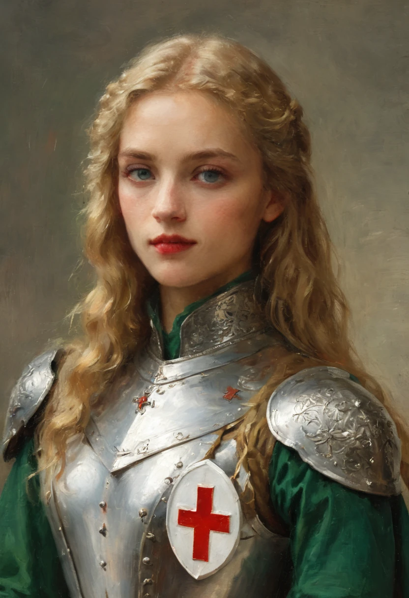 Weiblicher Kreuzritter , Mit Schild und Schwert, Girl, Silber und Gold Verzierungen ,Plate armor , Ketten Hemd, Red cross on white background coat of arms, Schmutzig Blondes Haar, Green blue eyes irises, Mutig, Ovales Gesicht, Ziemlich Sexy , Legende , Intensive Lippen, Heroische Aura, tapfer, Furchtlos , picture Pretty, Sexuell Anregend,(extreme detail description), (sharp focus), (HDR), (UHD), (masterpiece:1.2), (ultra-fine painting),beautiful detailed eyes,long wavy hair,fair skin,smiling face,best quality, highres, Full Body Portrait,