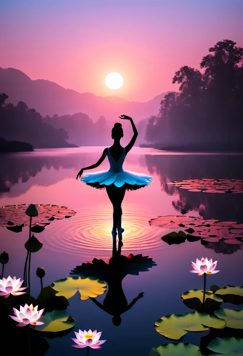 (best quality,Highrelack silhouette of a girl contrasting with bright background,ballet silhouette,high contrast,Silhouette of ballerina on lake,lotus flower,bloom,backlight