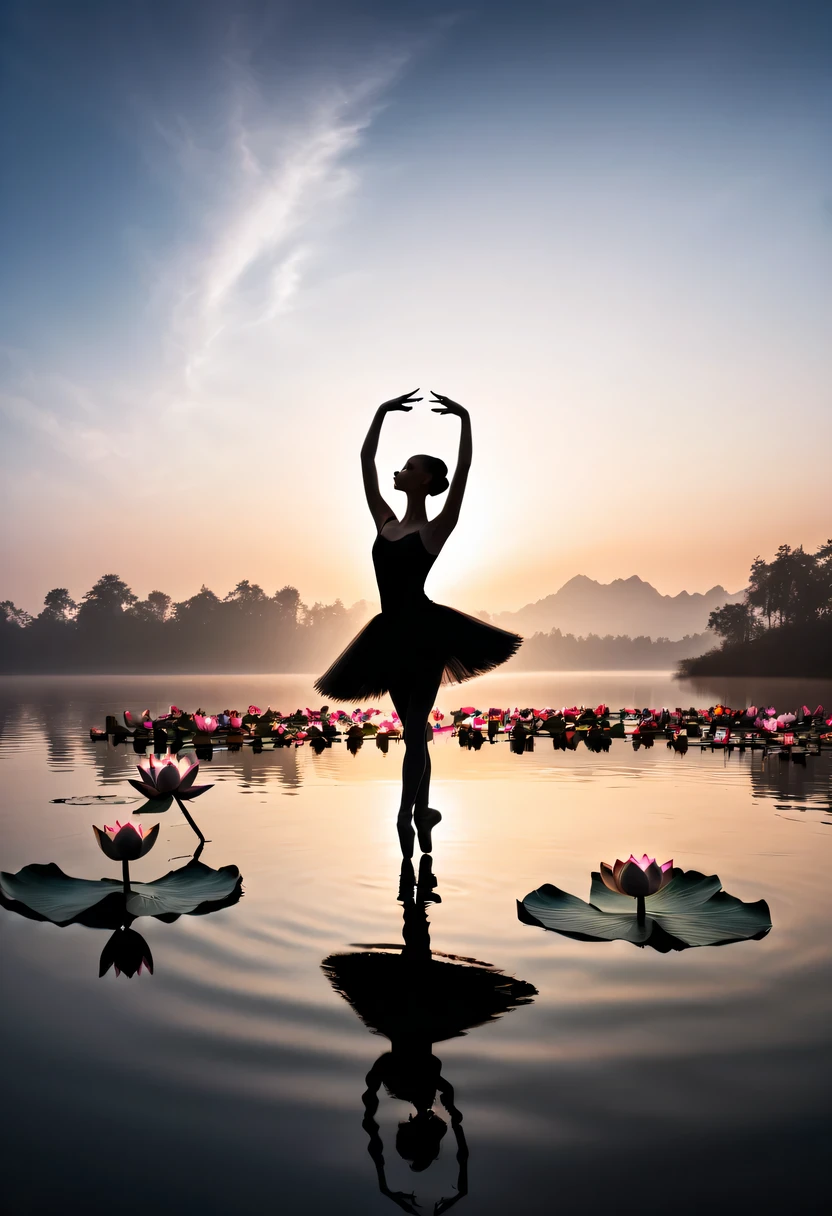 (best quality,Highrelack silhouette of a girl contrasting with bright background,ballet silhouette,high contrast,Silhouette of ballerina on lake,lotus flower,bloom,backlight