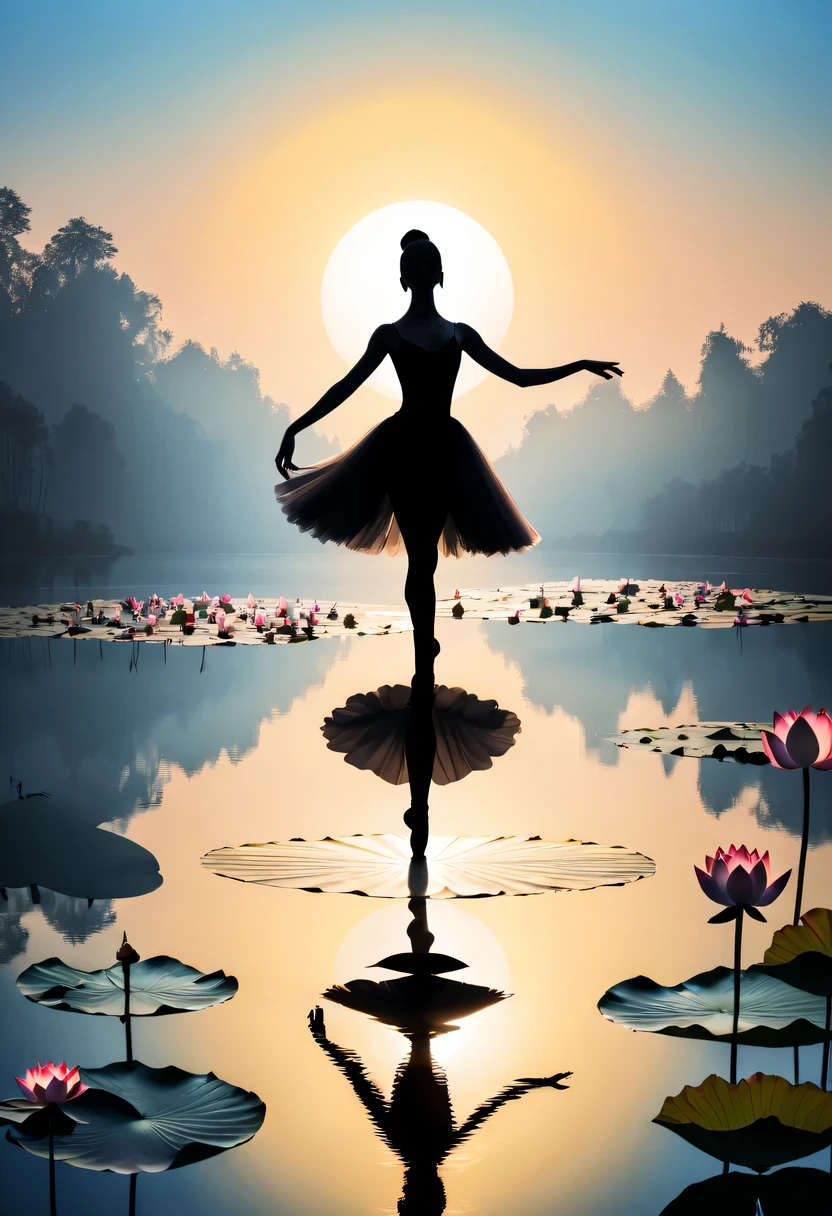 (best quality,Highrelack silhouette of a girl contrasting with bright background,ballet silhouette,high contrast,Silhouette of ballerina on lake,lotus flower,bloom,backlight