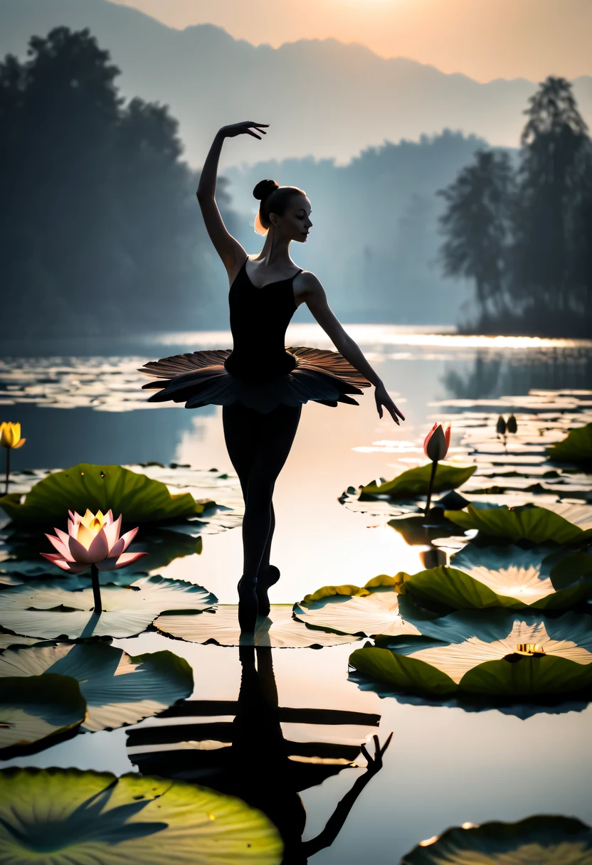 Girl shows black silhouette,Contrast with bright background,ballet silhouette,high contrast,Silhouette ballerina on lake,lotus flower, lily pad，Backlit shooting，