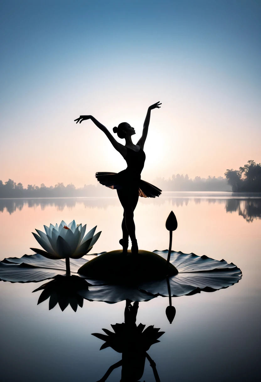 Girl shows black silhouette,Contrast with bright background,ballet silhouette,high contrast,Silhouette ballerina on lake,lotus flower, lily pad,Backlit shooting,