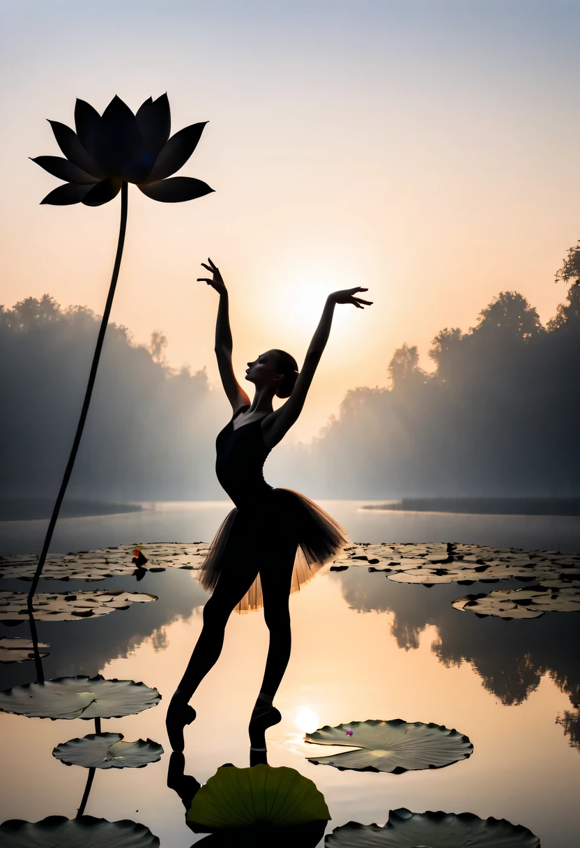 Girl shows black silhouette,Contrast with bright background,ballet silhouette,high contrast,Silhouette ballerina on lake,lotus flower, lily pad，Backlit shooting，