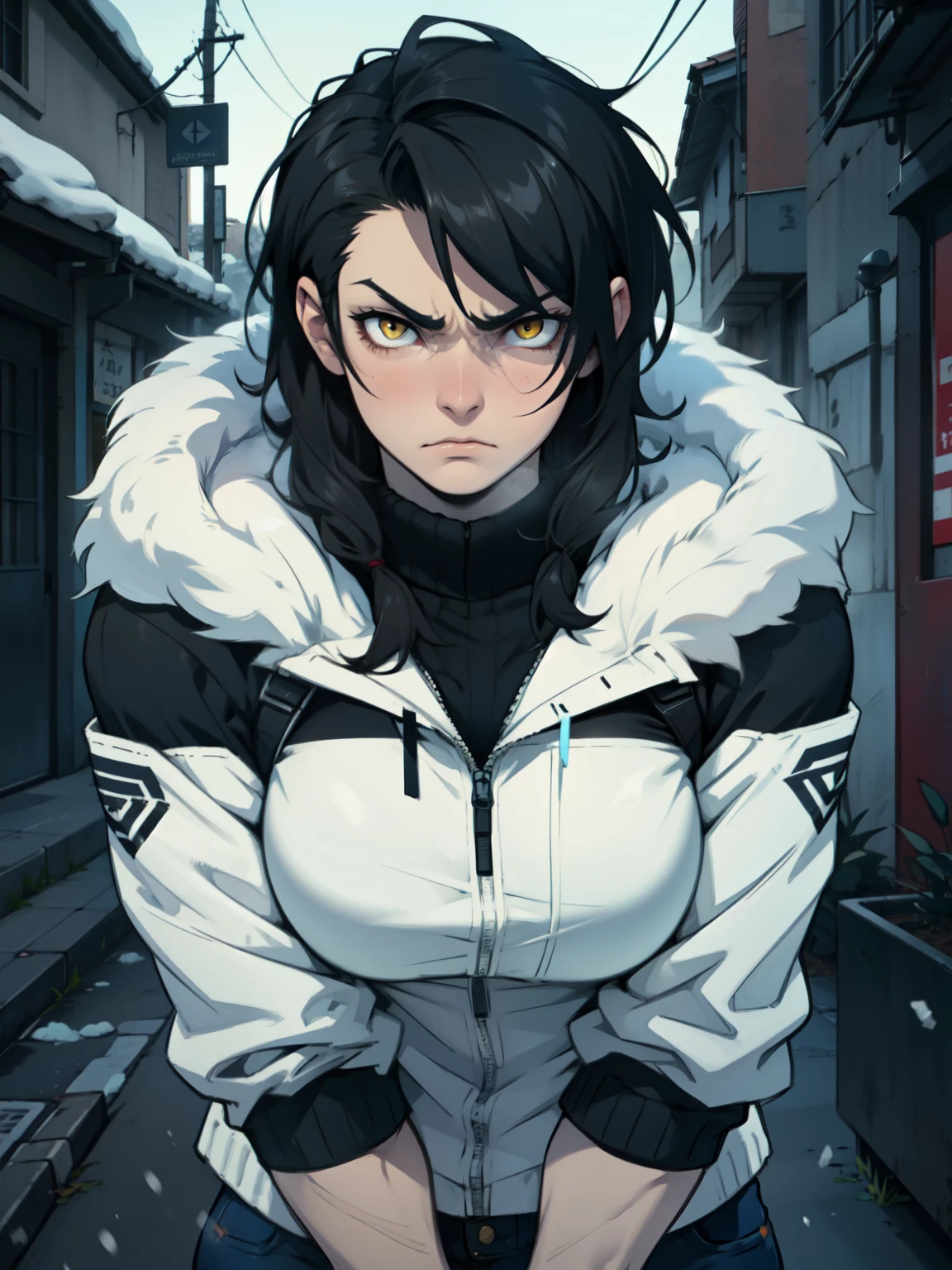 muscular girl thick breasts black hair yellow eyes pale skin best quality sad frown cold cold cold