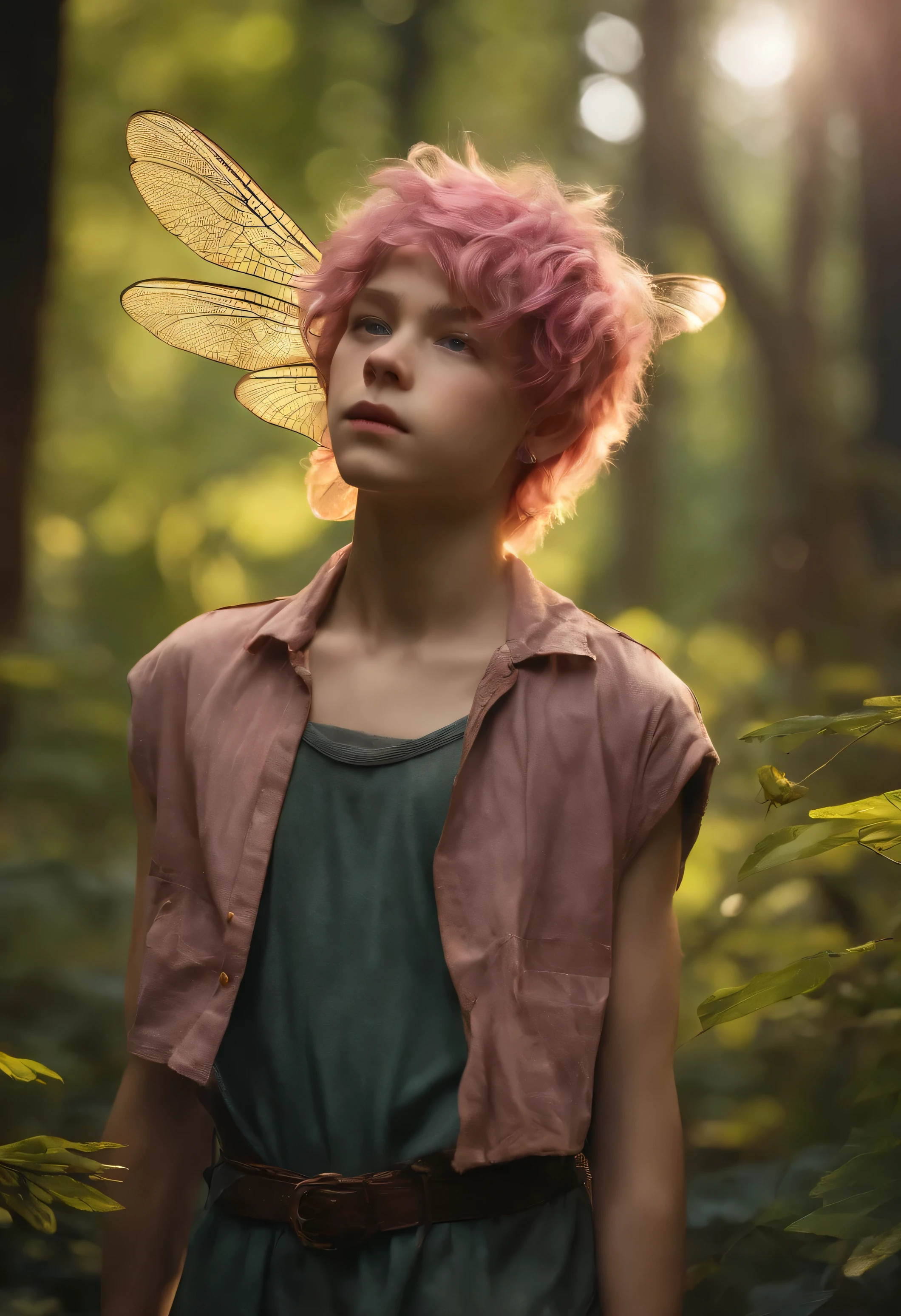 Arte de corpo inteiro de um duende, 13 anos, fine and fragile, short honey pink hair messy in the wind, desgastado com franja cobrindo os olhos em estilo moicano ondulado, com grandes e enormes olhos amarelos claros que transmitem alegria e selvageria, sobrancelhas finas rosadas, wild and rebellious appearance, pele rosa escura e oleosa parecia, with two horns on his head, dragonfly wings, dressed in mechanical clothing, huge bare feet, em uma floresta densa demonstrando a todos a magia e a beleza. High resolution realistic action photo art, ultra hd, vivid and realista colors, altamente atual, Desenho UHD, caneta e tinta, perfect composition, ultra hd, realista, cores vivas, altamente detalhado, Desenho UHD, caneta e tinta, perfect composition , beautiful intricately constructed and intricate octane rendering trends in artstation, 8k art photography, photorealista concept art, soft natural volumetric cinematic perfect light