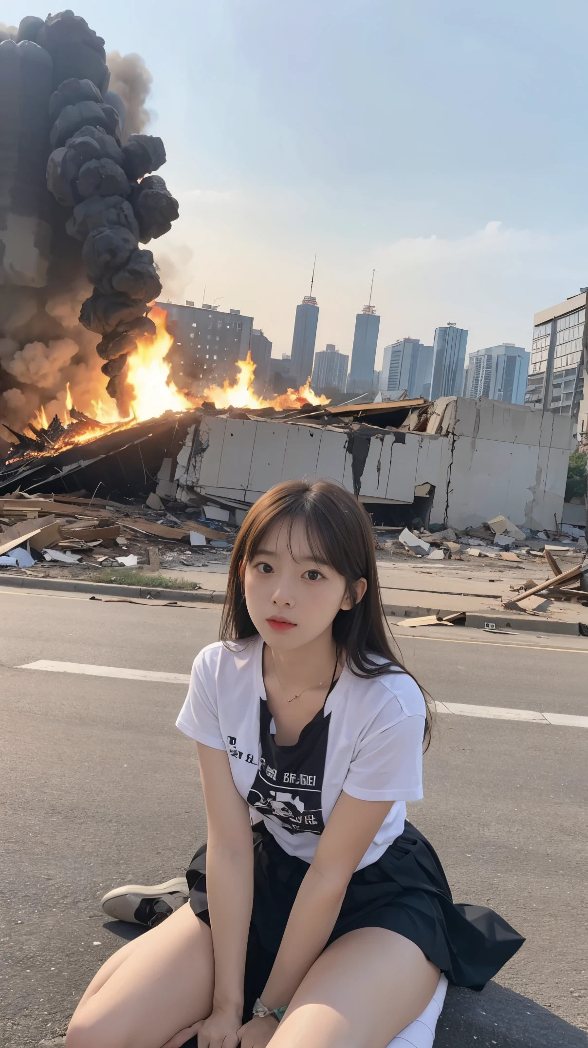 original photo of a female student wearing a small skirt and t-shirt, and Its hand, sitting on the rubble while snipe the far away enemy on build, under the corner of the plan and tank with Indonesian symbol in it body, and clear aura, with the background destroy building and change it fire form in the crowd soldier, top view looking far away 4K original quality photo eyes looking at the camera