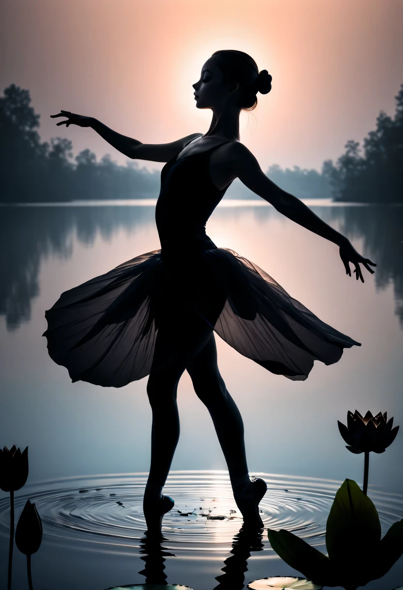 ballet silhouette,high contrast,Silhouette ballerina on lake,Girl shows black silhouette,Contrast with bright background,Cinematic lighting and mysterious atmosphere,lotus flower, lily pad,Backlit shooting,