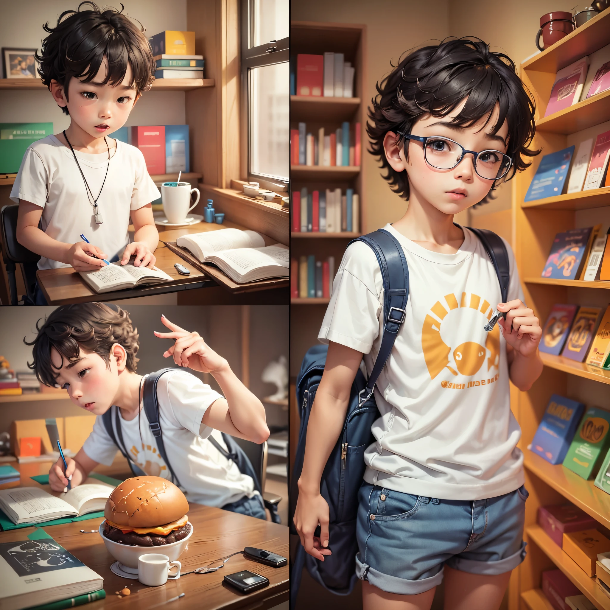  boy, various poses and expressions on white background, cute children's book illustration style, dinosaur backpack, white shirt, orange shorts, no glasses, no book  --auto --s2