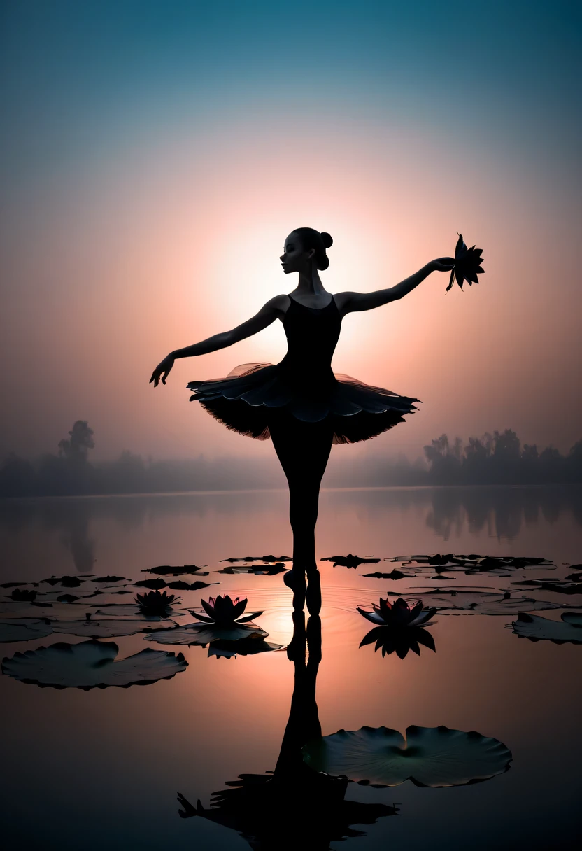 ballet silhouette,high contrast,Silhouette ballerina on lake,Girl shows black silhouette,Contrast with bright background,Cinematic lighting and mysterious atmosphere,lotus flower, lily pad,Backlit shooting,