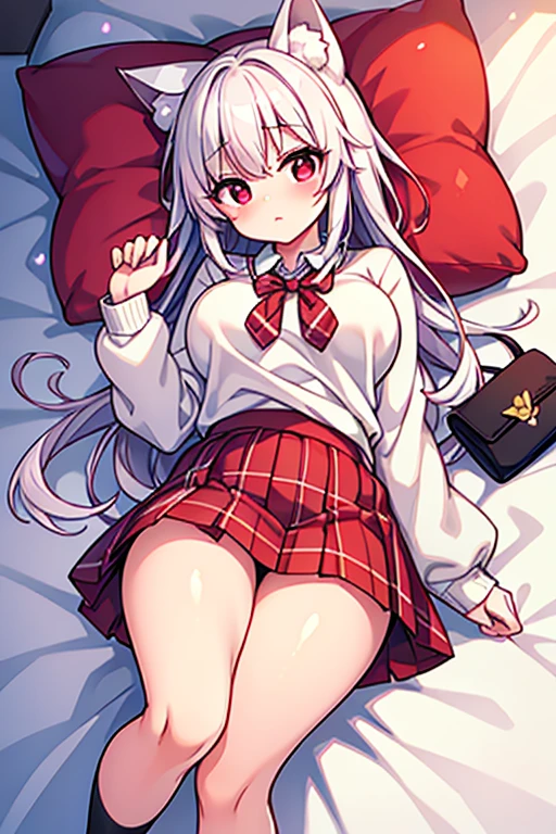 (masterpiece), best quality, lying on bed, my foxy girlfriend - fuku, medium breasts, white fox ears, one white fox tail, round face, white hair, white skin, cute girl, innocent , medium size, ager, light pink large sweater, white thighs high,red tie hidden by sweater, red pink eyes, short back hair, long hair falling over breasts, very short red plaid skirt under the sweater, thick thigh, black japanese school shoes