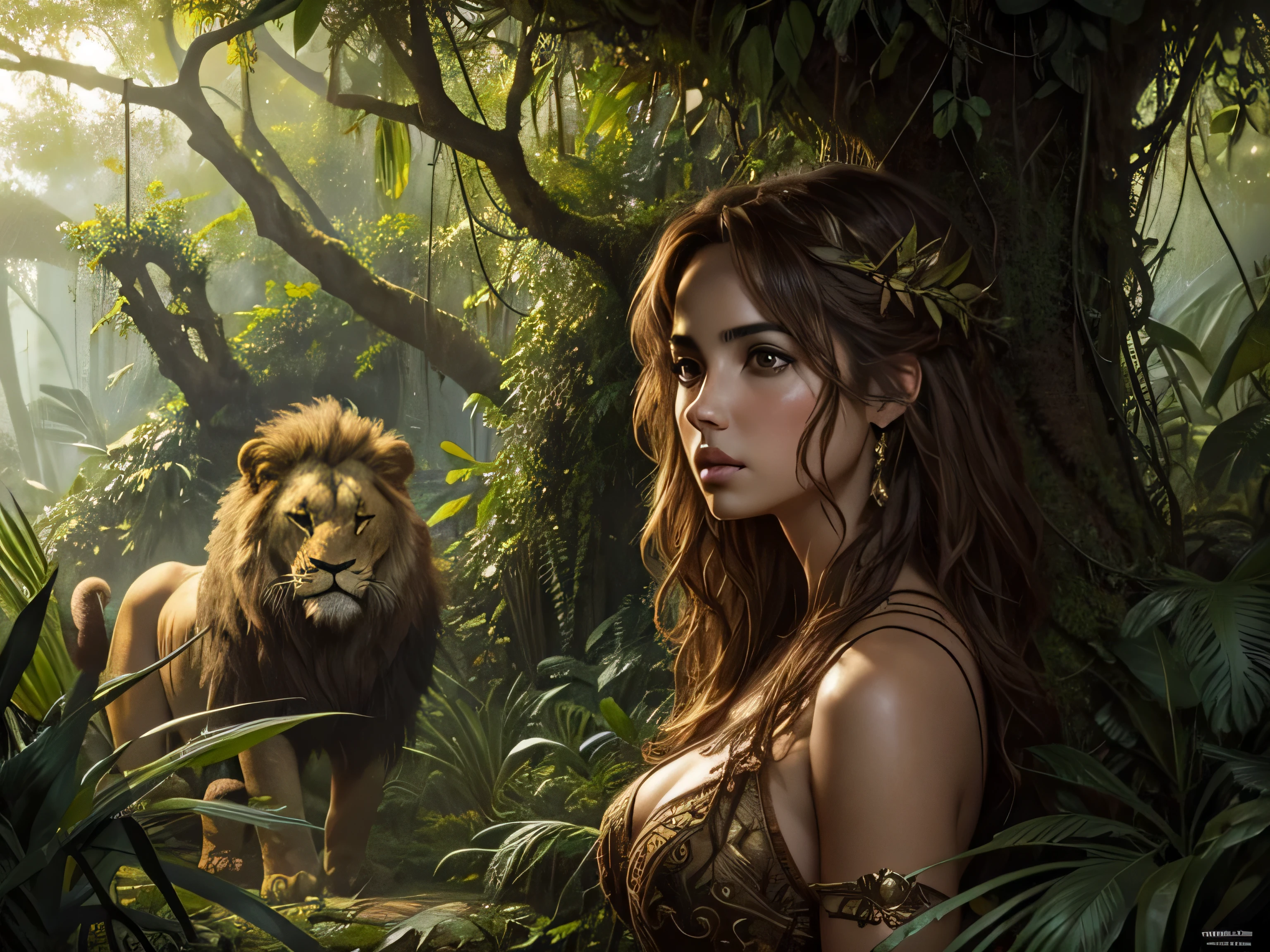 Ana de Armas and angry lion in jungle in the Style of royo fine art. full view