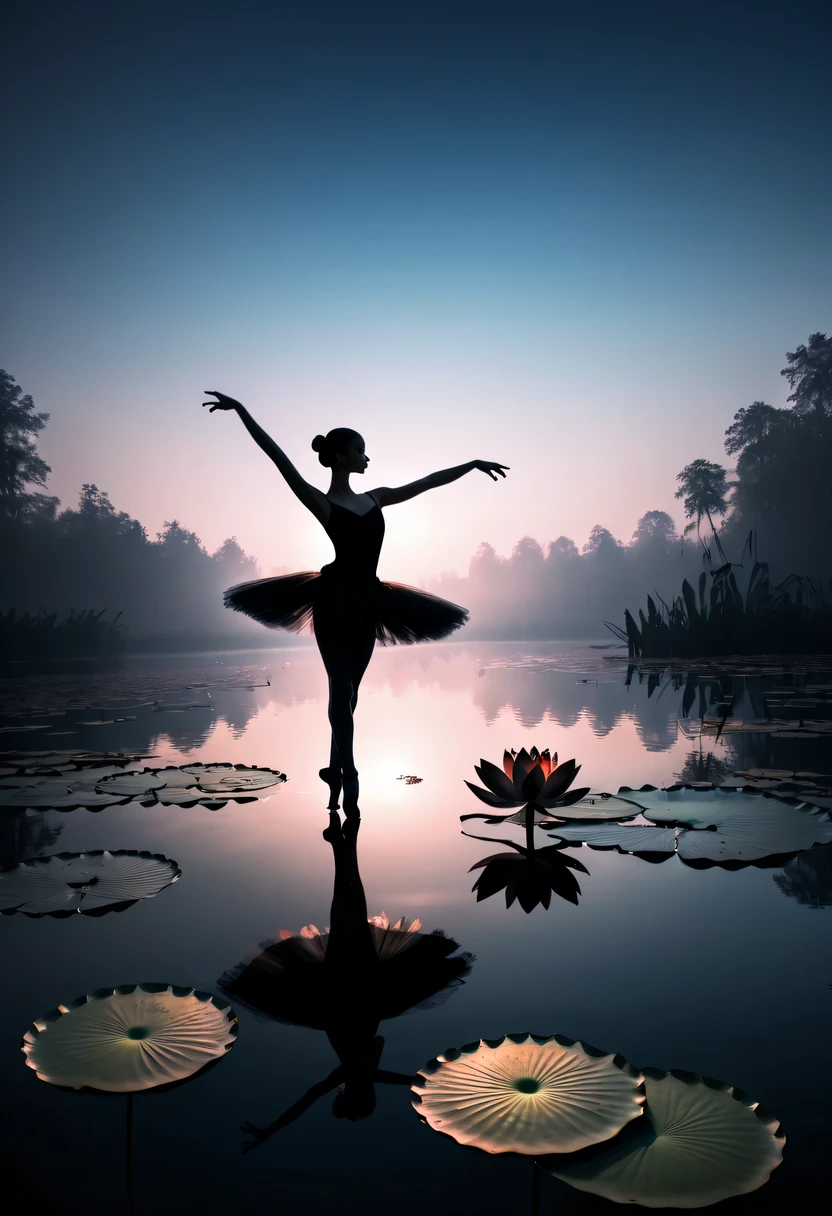 ballet silhouette,high contrast,Silhouette ballerina on lake,Cinematic lighting and mysterious atmosphere,lotus flower, lily pad,Backlit shooting,Girl shows black silhouette,Contrast with bright background