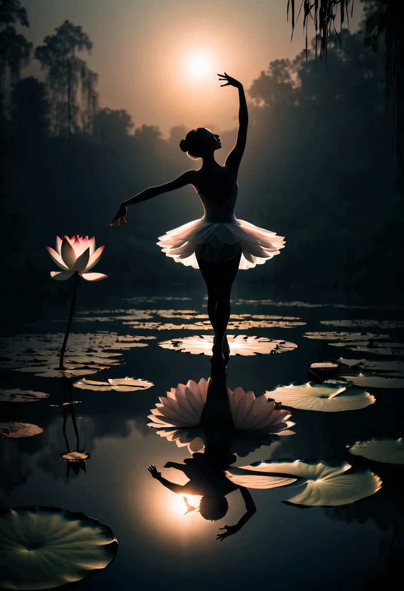 ballet silhouette,high contrast,Silhouette ballerina on lake,Cinematic lighting and mysterious atmosphere,lotus flower, lily pad,Backlit shooting,Girl shows black silhouette,Contrast with bright background