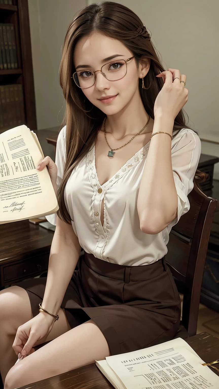 22 year old white female、hair color is brown、brown eyes、long hair、straight hair、accessories on wrist、wearing a necklace、has earrings、skin is smooth、Slender but muscular body、smile、Inside a historic library、I am sitting on a chair in front of a desk with many old documents piled up on it.、holding a pen and writing on paper、wearing a blouse、wears glasses with thin frames