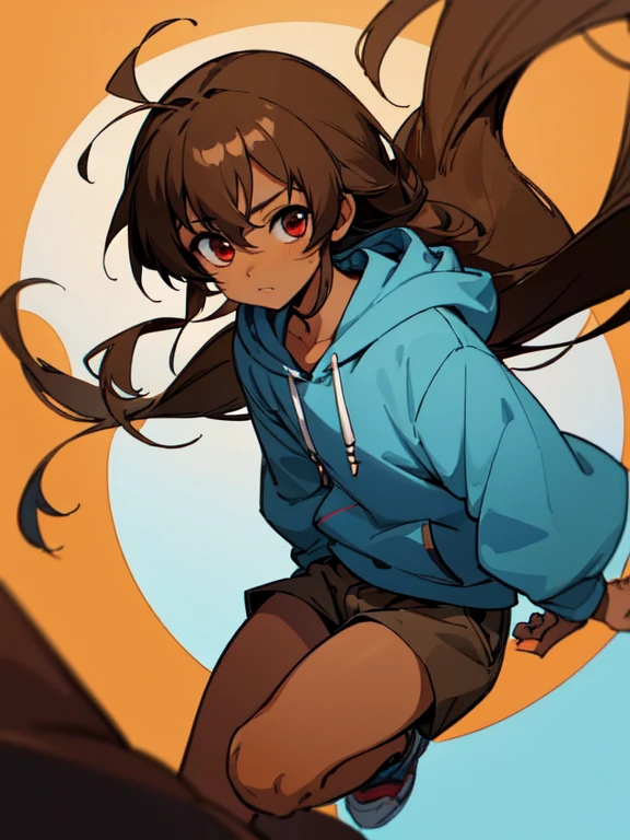 Masterpiece, Top quality, high resolution, highres, 8k, best quality, child, 1 male, shota, cute, innocent, ((dark skin)), otokonoko, red eye's, dark brown hair long hair in a side-swept style smooth, wearing blue hoodie and brown cargo shorts,