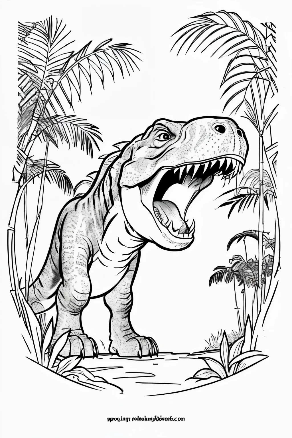 coloring pages for kids, tyrannosaurus rex in a jungle, cartoon style, thick lines, low detail, no shading