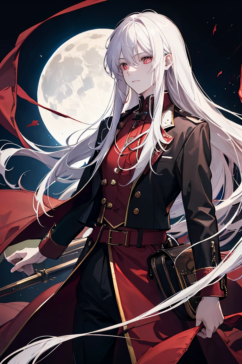 A young guy, long white hair, red eyes, black clothes, a brown belt bag, against the backdrop of a circus tent and the full moon