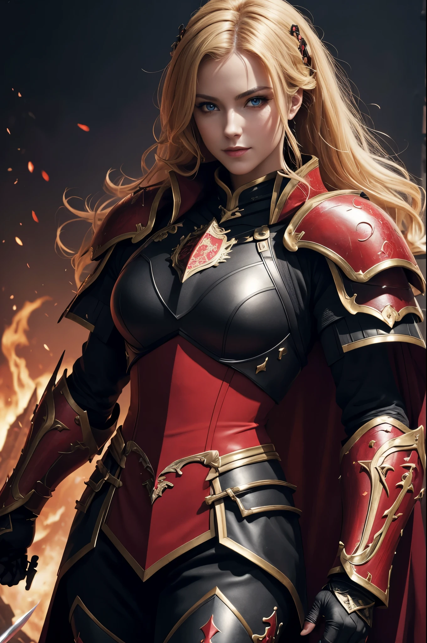 8K,holy knight with sword,Gorgeous black and red very large chest armor(Precisely crafted aristocratic coat of arms),luxury black and red pants,Super beautiful(like the real thing),ultra high resolution,Super realistic,realistic skin,blonde curl hair,big blue eyes,muscular slim body,cool smile,purple rouge,background,battlefield,gorgeous black and red shoulder armor,gorgeous black and red waist armor,Luxurious black and red foot armor,fantasy art,character art,battle scene,action scene,action pose,Sexy cleavage,Paladin,Looking down on her huge cleavage from above,Close-up,