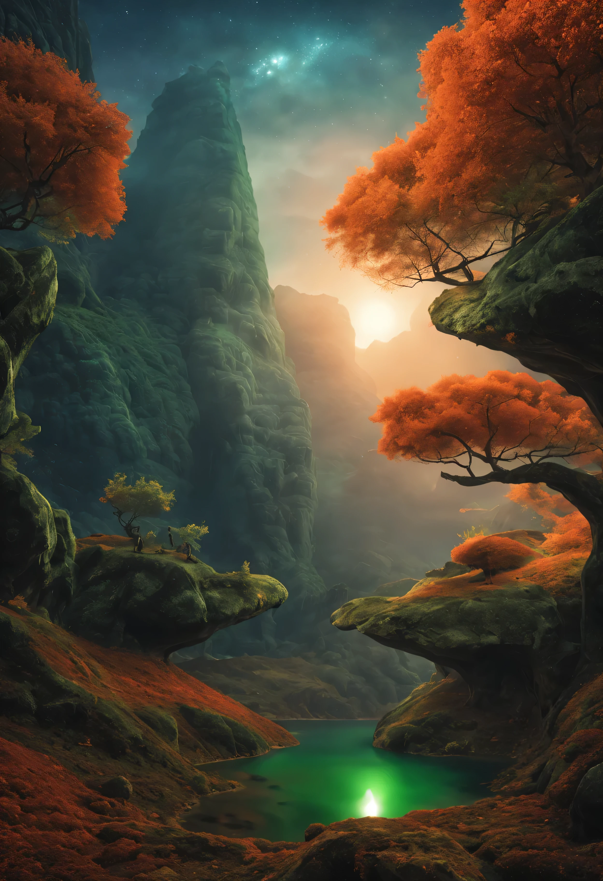alien landscape, green and reddish, high trees from outerworld, blue lakes, waterfall, orange sun, visible stars, a little fog, small reptil animals, 8k, realistic((best quality)), ((master part)), (circunstanciado), rosto perfeito