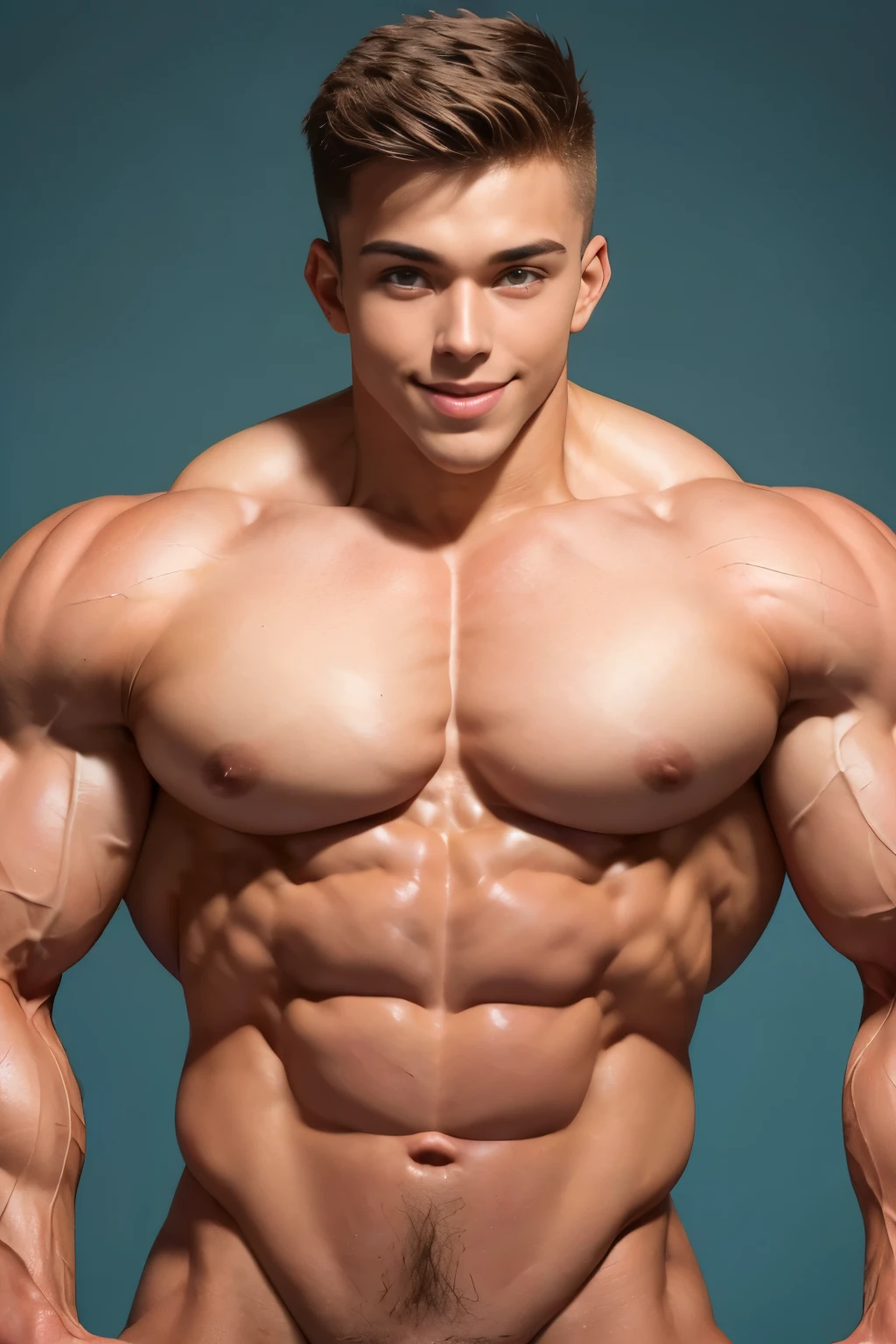 (((((bodybuilder))))), a cute boy, 20 years old handsome boy, smile, short hair, bikini brief, (((very muscular body, vascularity, veins))), upper-body portrait, upper-body Image, real man, (barefeet, barefoot), abnormally developed muscles, very simple background, ((color Image)) masterpiece, best quality, high resolution
