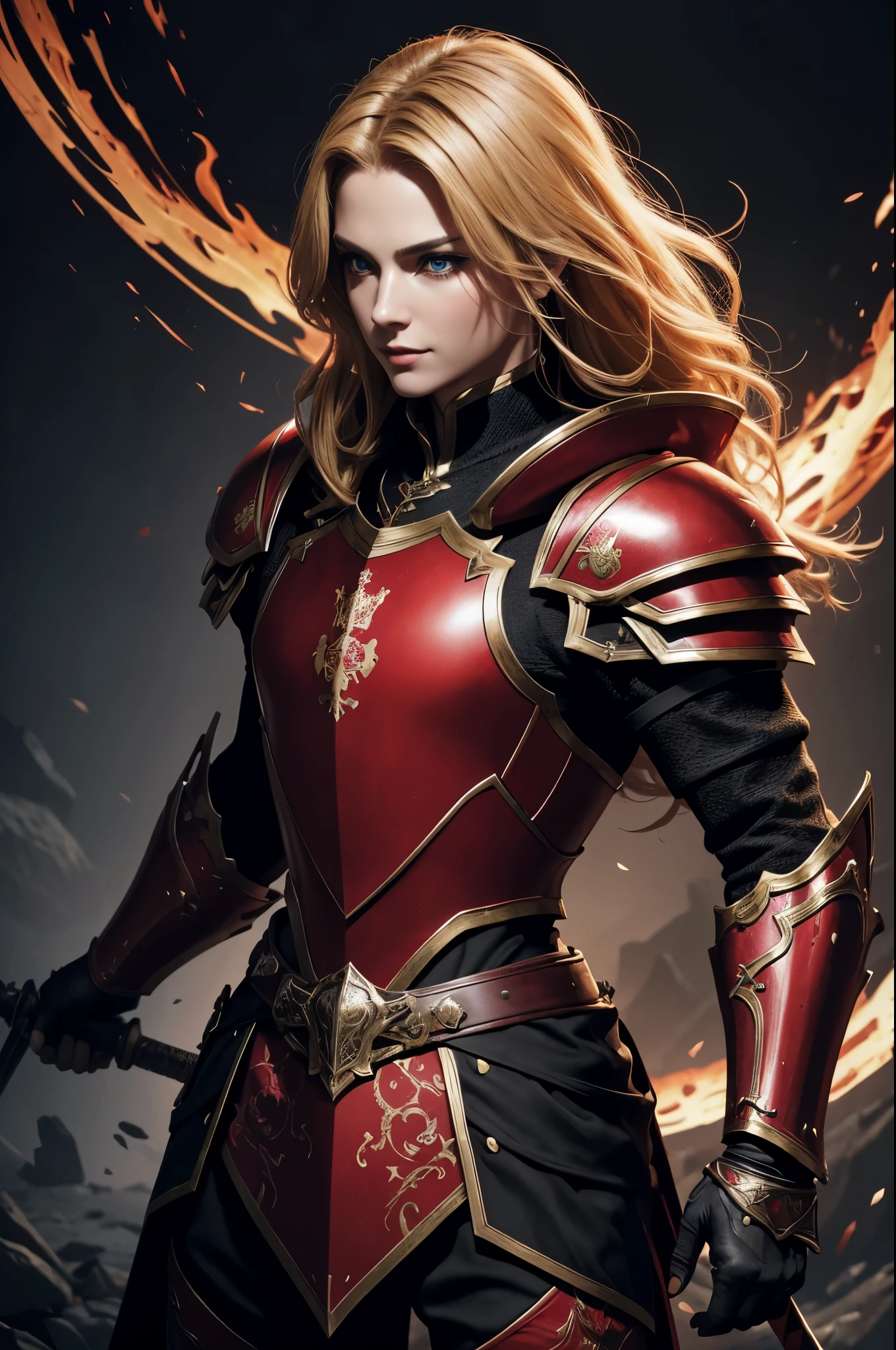 8K,holy knight with sword,Gorgeous black and red very large chest armor(Precisely crafted aristocratic coat of arms),luxury black and red pants,Super beautiful(like the real thing),ultra high resolution,Super realistic,realistic skin,blonde curl hair,big blue eyes,muscular slim body,cool smile,purple rouge,background,battlefield,gorgeous black and red shoulder armor,gorgeous black and red waist armor,Luxurious black and red foot armor,fantasy art,character art,battle scene,action scene,action pose,