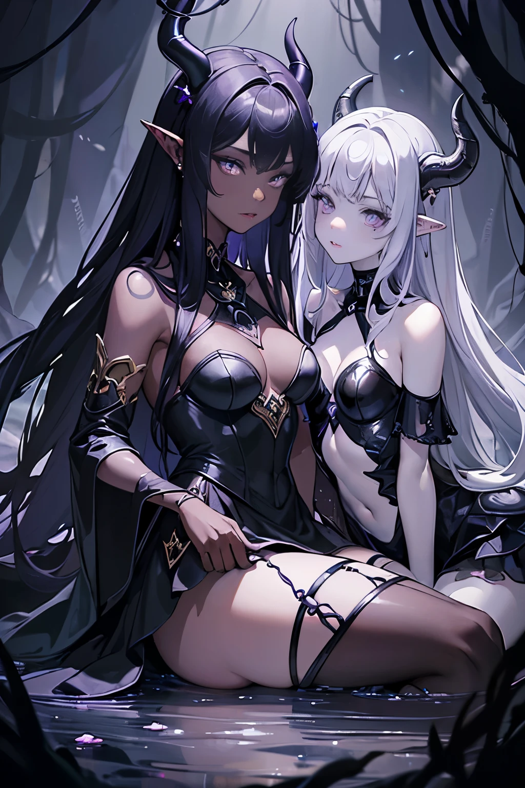 (masterpiece,best quality,Super detailed),2 girls,pointed ears,dark gray hair,dark skin, glowing eyes,dark purple eyes,Beautiful and detailed face,delicate eyes,small breasts,black skirt,In a dark cave covered in black slime,(oil tar,tar spill),fluorescent mushrooms, purple mushroom,(gray theme) ((dragon girl)) ((purple skin))