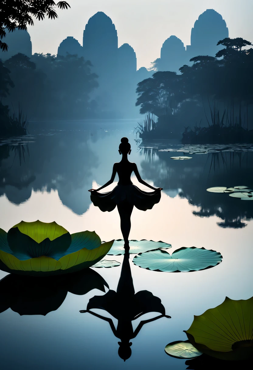 ballet silhouette,on the lake,high contrast, movie lighting, Enigmatic Atmosphere,,lotus flower,Lotus leaf