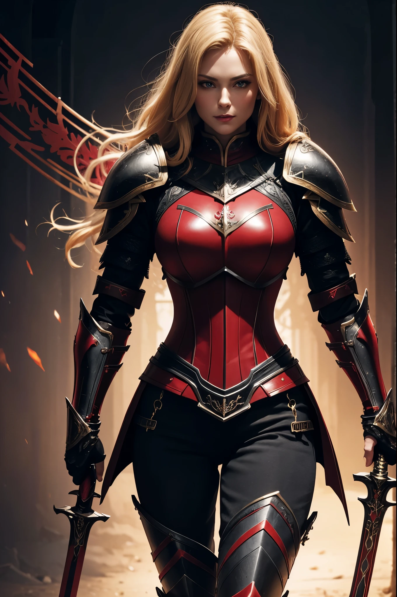 8K,holy knight with sword,Gorgeous black and red very large chest armor(Precisely crafted aristocratic coat of arms),luxury black and red pants,Super beautiful(like the real thing),ultra high resolution,Super realistic,realistic skin,blonde curl hair,big blue eyes,muscular slim body,cool smile,purple rouge,background,battlefield,gorgeous black and red shoulder armor,gorgeous black and red waist armor,Luxurious black and red foot armor,fantasy art,character art,battle scene,action scene,action pose,