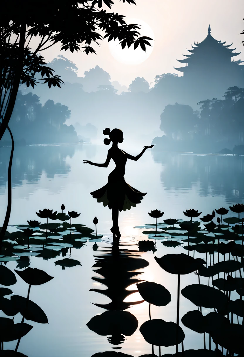 ballet silhouette,on  the lake，high contrast, movie lighting, Enigmatic Atmosphere,，lotus flower，Lotus leaf